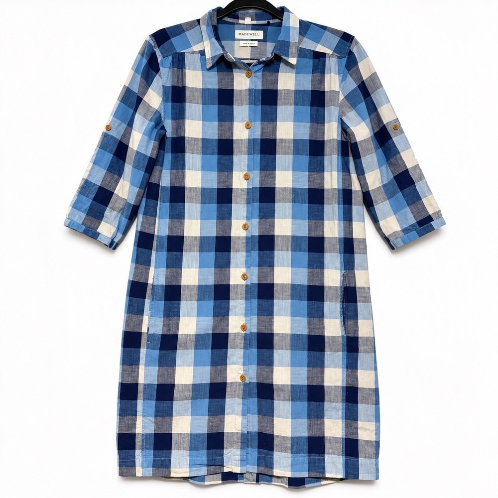 Levi's Made & Crafted Shirt Dress Womens 1 Small Blue Cotton Plaid Roll Tab